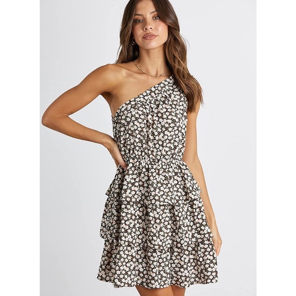 Women's Summer Tie One Shoulder Boho Floral Dress Elastic Waist Ruffle Medium - Picture 3 of 4